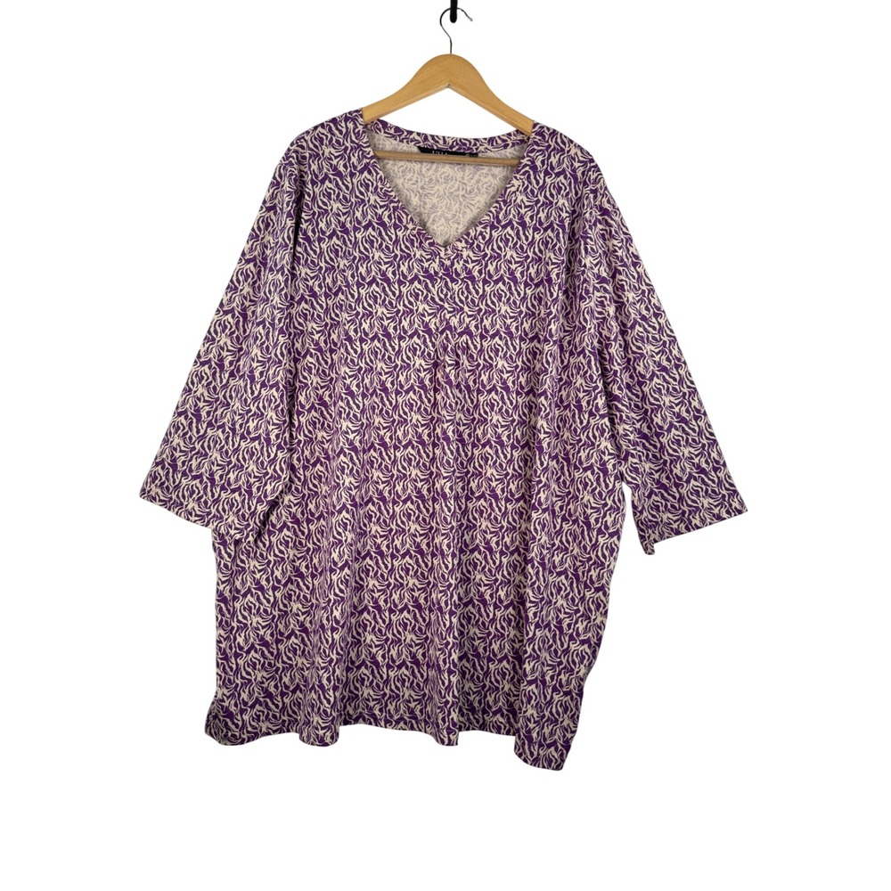 Lilla Popken Purple Floral Print V Neck Plus Size‎ Tunic 90s Top sz 4X
